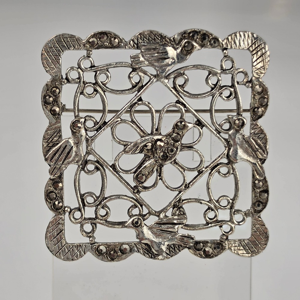 Vintage Silver Tone Marcasite Five Bird Flower Square Filigree Brooch Pin